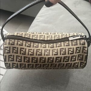 Fendi Brown and Tan Monogram Barrel Clutch